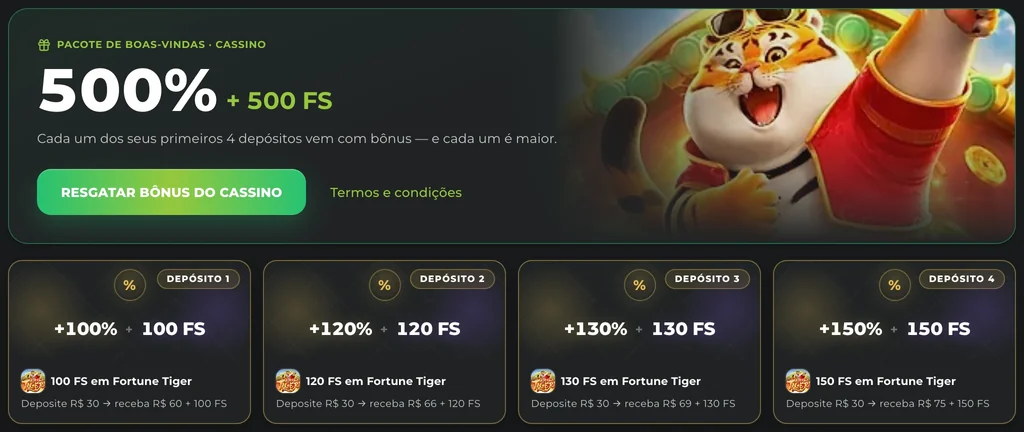 Página Bônus da Onza: pacote de boas-vindas de cassino de 500% + 500 FS e os quatro depósitos, de +100% + 100 FS a +150% + 150 FS, com rodadas no Fortune Tiger