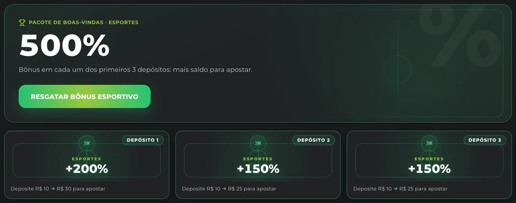 Página Bônus da Onza: pacote de boas-vindas de esportes de 500% em três depósitos, de +200%, +150% e +150%
