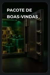 Banner Pacote de boas-vindas da Onza, com um cofre aberto cheio de barras de ouro