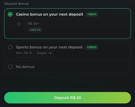 Lista de bônus do caixa da Onza: bônus de cassino de +100% marcado, com +100 rodadas a partir de R$ 30, bônus de esportes de +200% com rollover 5× e a opção sem bônus