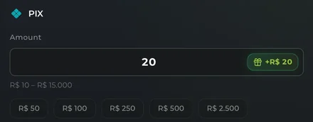 Aba de depósito do caixa da Onza: Pix, valor de R$ 20 digitado com o selo +R$ 20, faixa de R$ 10 a R$ 15.000 e atalhos de R$ 50 a R$ 2.500