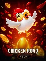 Capa do jogo Chicken Road, da InOut: galinha de desenho animado sobre um ovo dourado, cercada de moedas