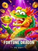 Capa do jogo Fortune Dragon, da PG Soft: dragão verde de desenho animado segurando um lingote de ouro