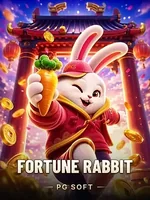 Capa do jogo Fortune Rabbit, da PG Soft: coelho de desenho animado com uma cenoura, diante de um portal vermelho