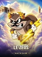 Capa do jogo Le Zeus, da Hacksaw: guaxinim de desenho animado com coroa de louros segurando um raio