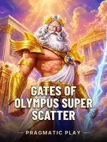 Capa do jogo Gates of Olympus Super Scatter, da Pragmatic Play: Zeus ilustrado entre templos gregos e raios